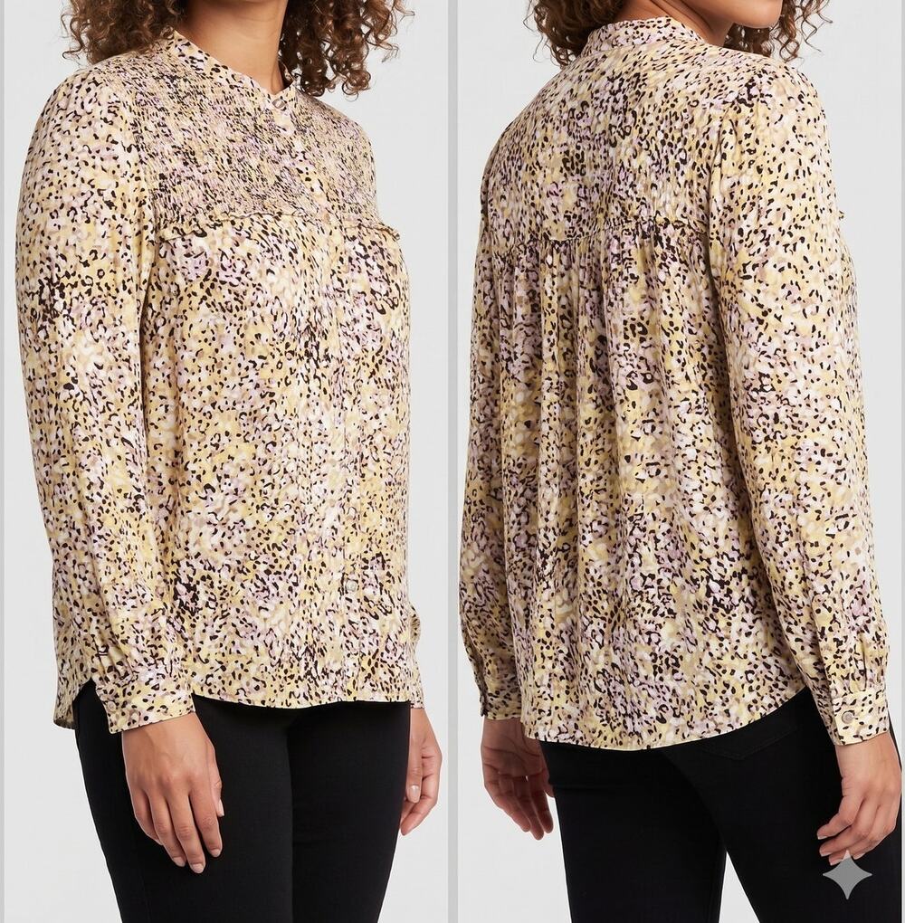 Time and Tru Womens Medium Button Front Blouse Top Yellow Black Print Viscose